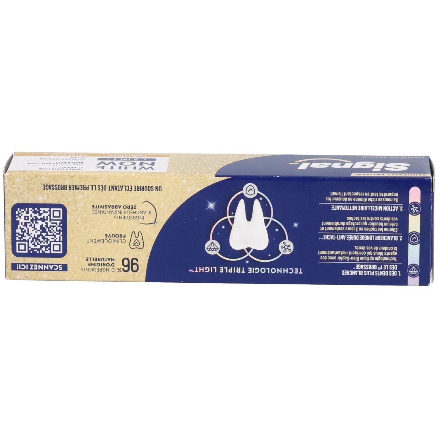 Boîte de dentifrice, dessus. Inscription: WHITE NOW 3in1, Signal. Couleurs bleu et beige.