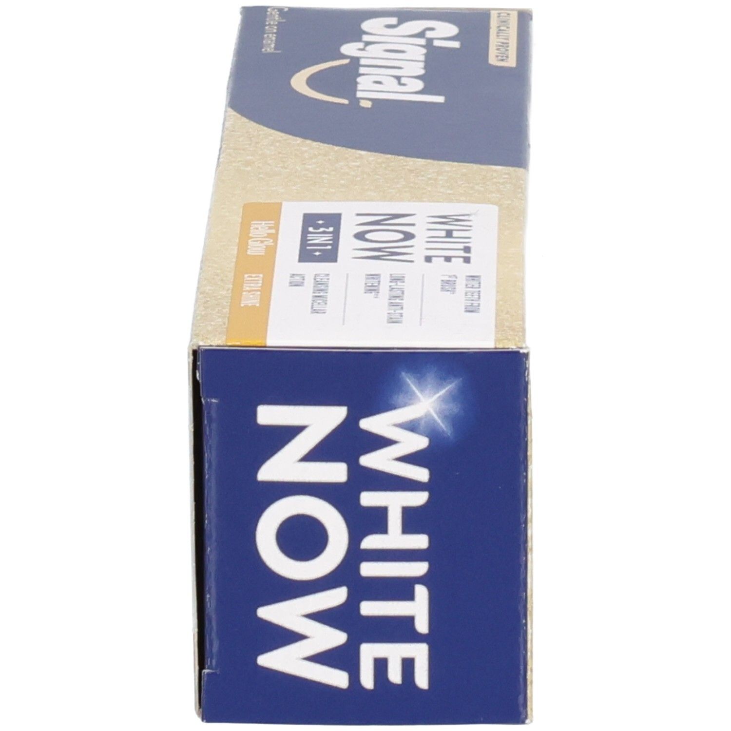 Boîte de dentifrice, vue latérale. Inscription: WHITE NOW, Signal. Couleurs bleu et beige.