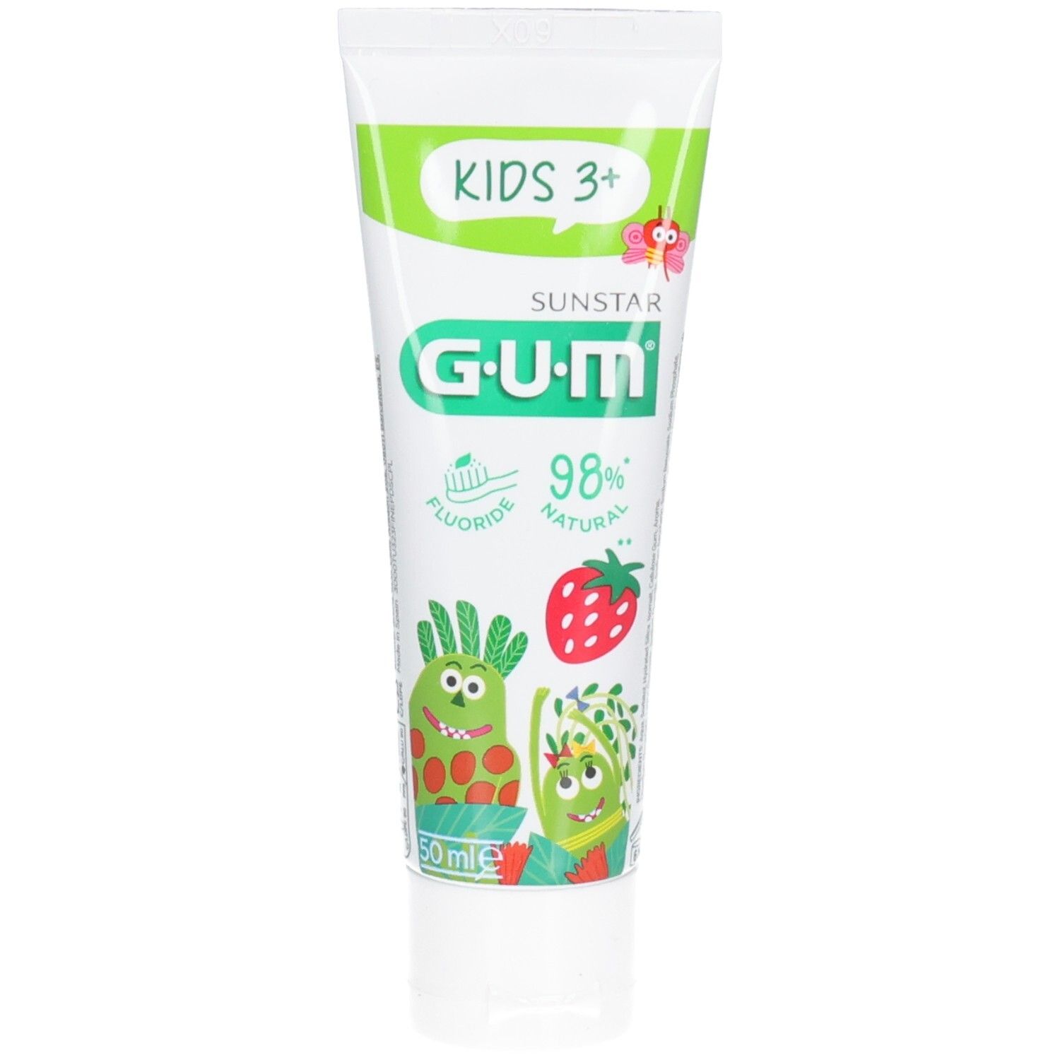 Zahnpflegegel-Tube für Kinder. Weiß, grün und rosa Design. Aufschrift: KIDS 3+, G.U.M, 98% natural, Erdbeere und Monster.