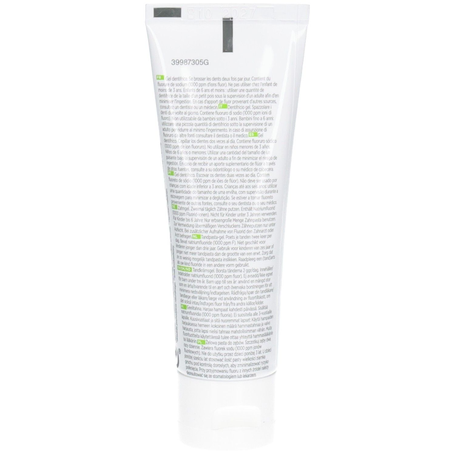 Zahnpflegegel-Tube, weiß mit grünen Akzenten. Text in mehreren Sprachen. Rückseite mit Produktinformationen.
