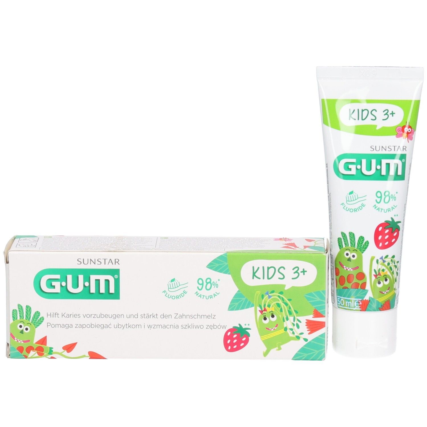 Zahnpflegegel und Karton. Tube und Verpackung mit G.U.M. Logo, KIDS 3+ und Erdbeer-Illustrationen.