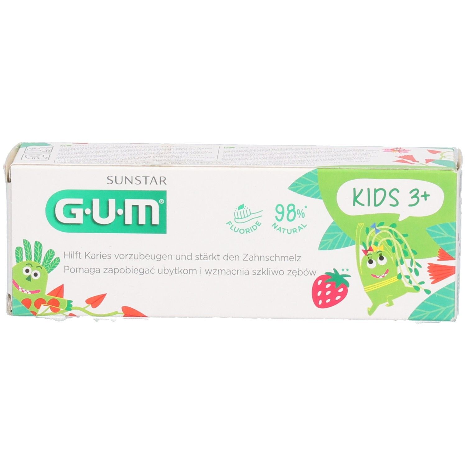 Kartonverpackung, weiß mit grünen Akzenten. G.U.M. Logo, KIDS 3+ und Erdbeer-Illustrationen.