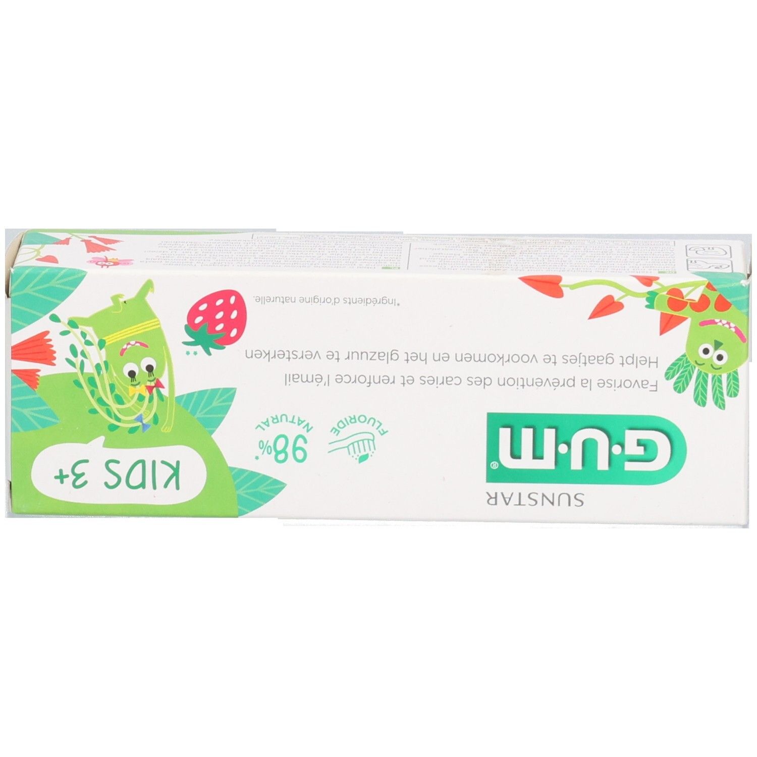 Kartonverpackung, Ansicht von oben. G.U.M. Logo, KIDS 3+ und Erdbeer-Illustrationen.