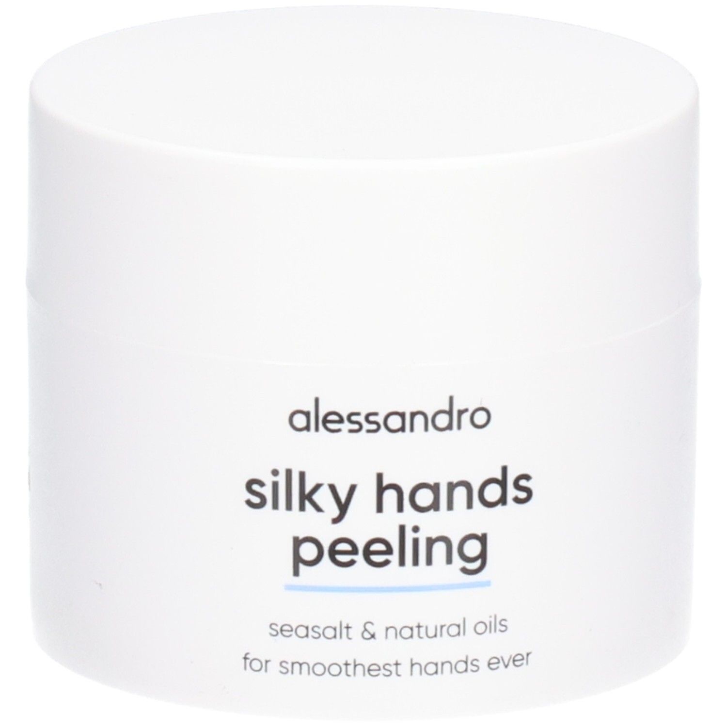 Pot blanc avec texte: alessandro silky hands peeling. Texte: seasalt & natural oils for smoothest hands ever.