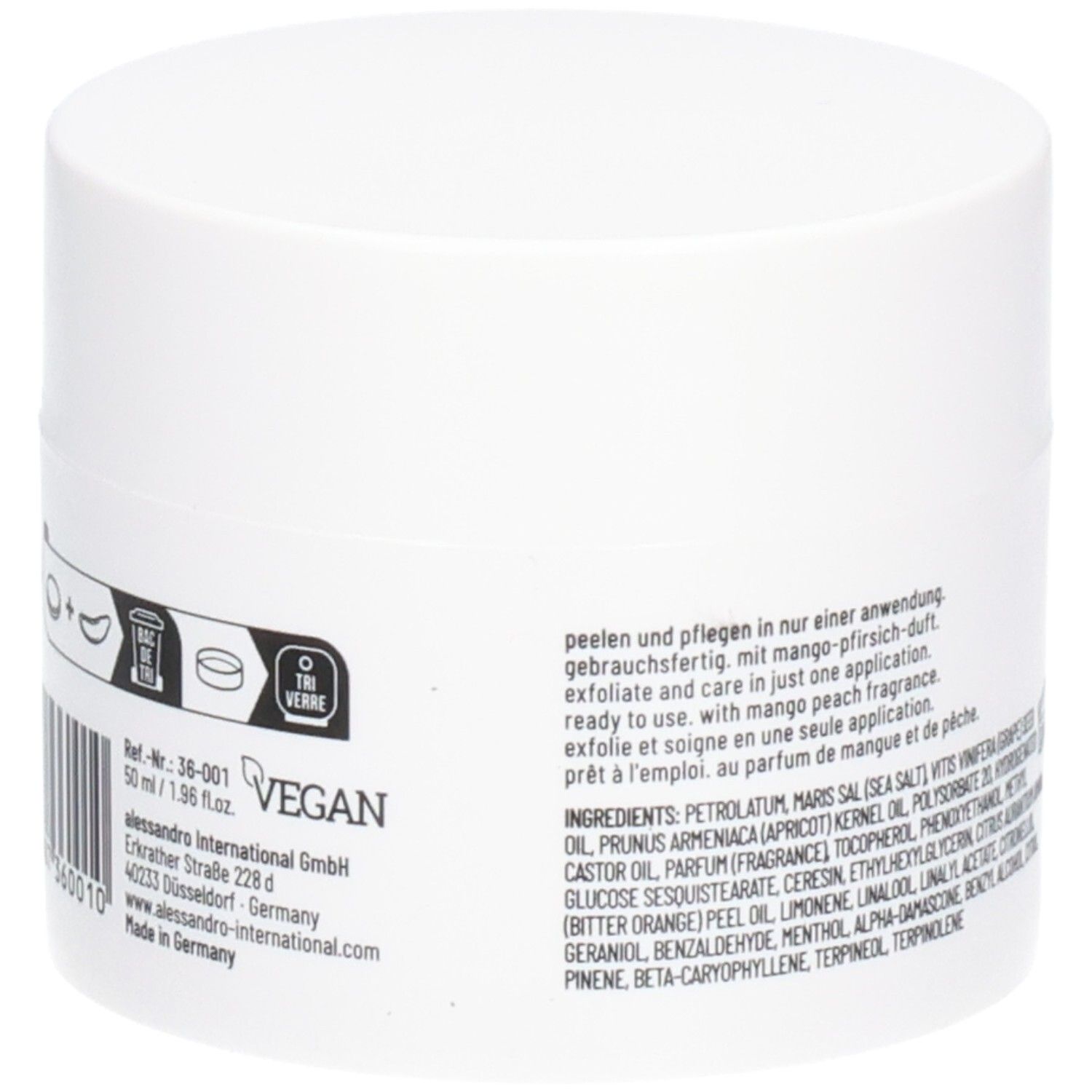 Pot blanc avec texte et symboles. Texte: vegan, ingrédients. Inscription: 50 ml/1.96 fl.oz.