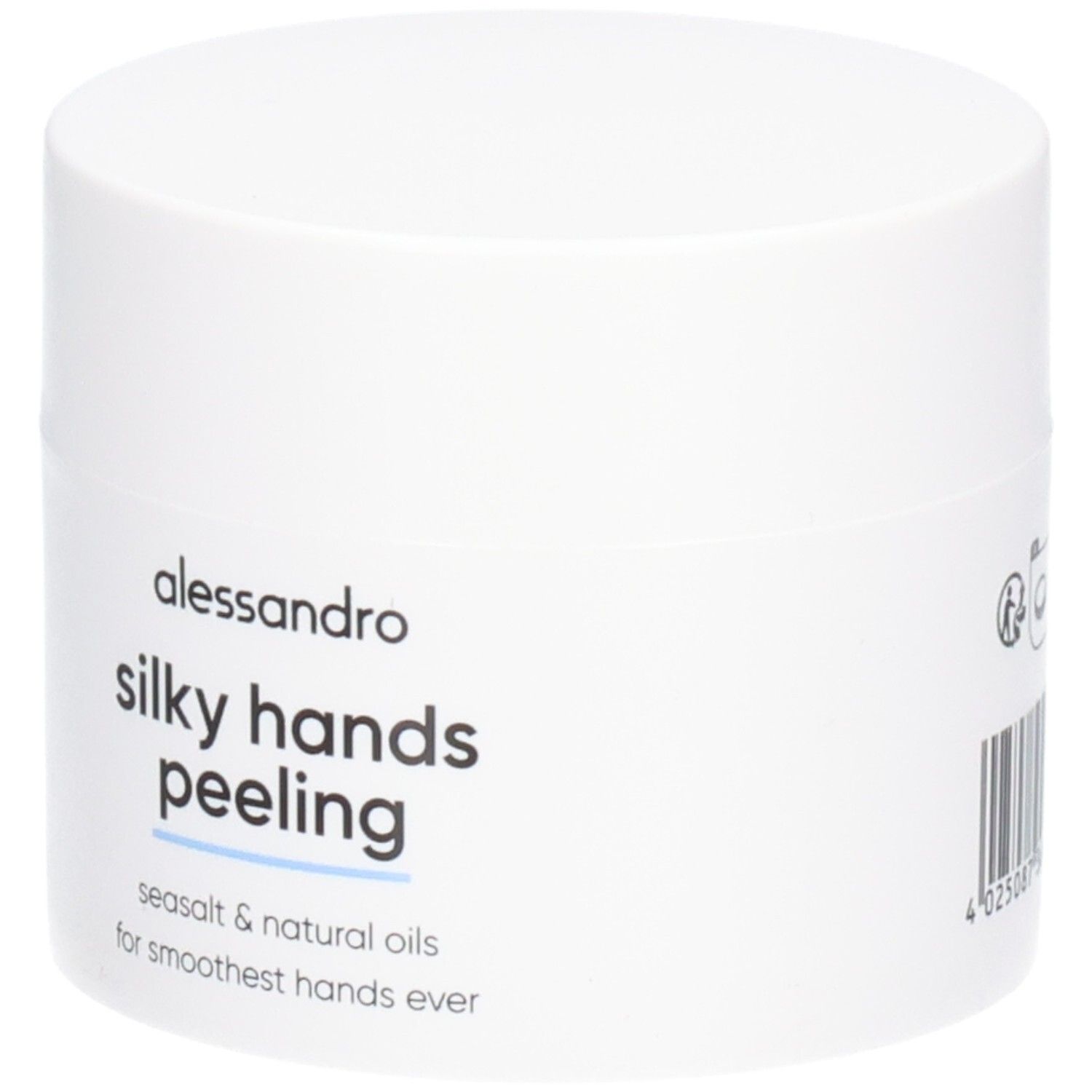 Pot blanc avec texte: alessandro silky hands peeling. Texte: seasalt & natural oils for smoothest hands ever. Code-barres.