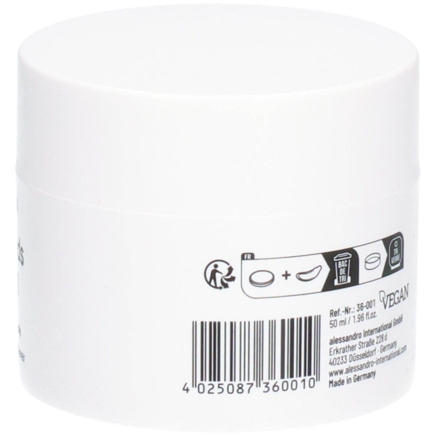 Pot blanc, dos. Texte: vegan, 50 ml/1.96 fl.oz. Code-barres. Informations fabricant.