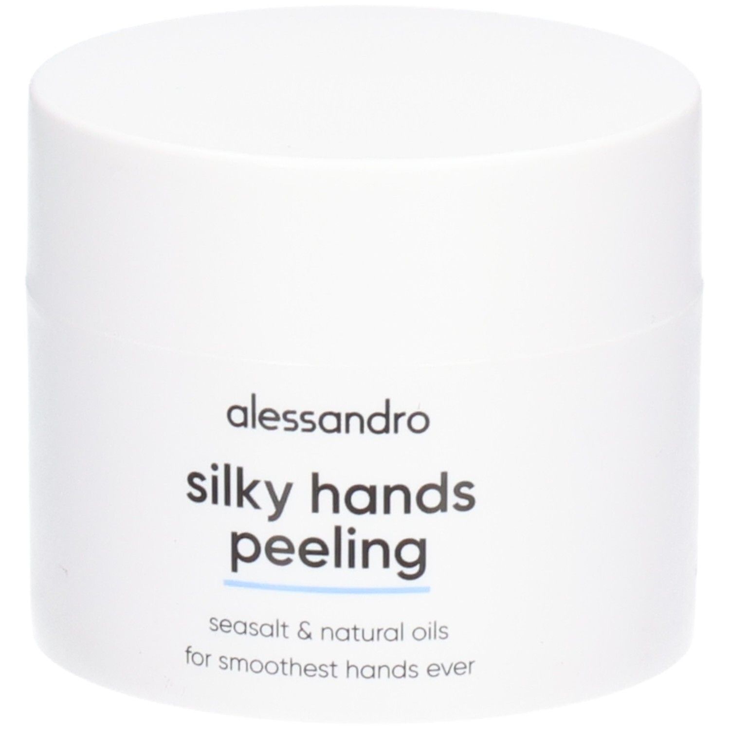 Pot blanc avec texte: alessandro silky hands peeling. Texte: seasalt & natural oils for smoothest hands ever.