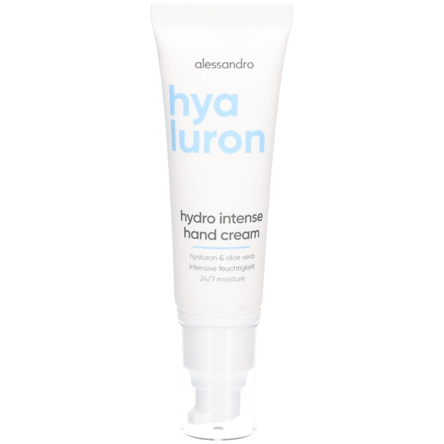 Tube blanche avec texte bleu "hya luron" et logo "alessandro". "hydro intense hand cream" en dessous. Fermeture à pompe.