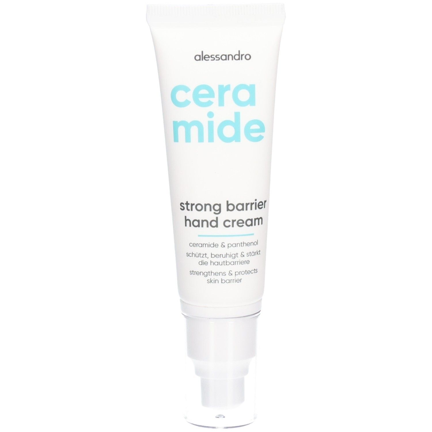 Weiße Tube mit blauem Schriftzug "ceramide". "Alessandro" und "strong barrier hand cream" sind ebenfalls sichtbar.