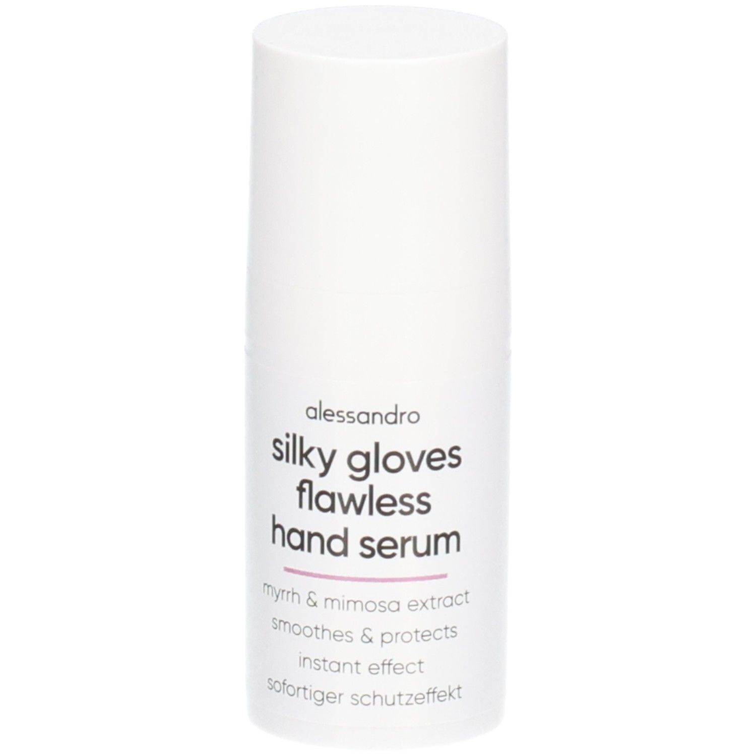 Flacon cylindrique blanc avec sérum pour les mains Silky Gloves. Ingrédients : myrrhe et mimosa. Lisse et protège. Effet instantané.