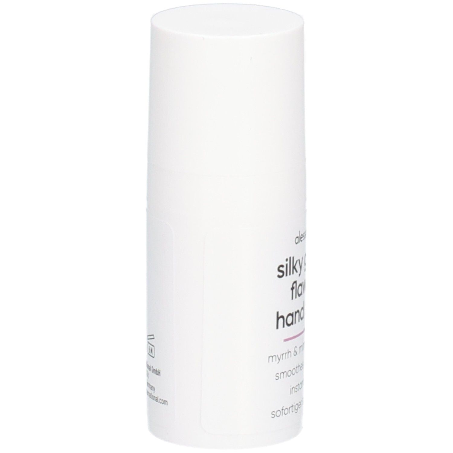 Flacon cylindrique blanc avec sérum pour les mains Silky Gloves. Ingrédients : myrrhe et mimosa. Lisse et protège. Effet instantané.