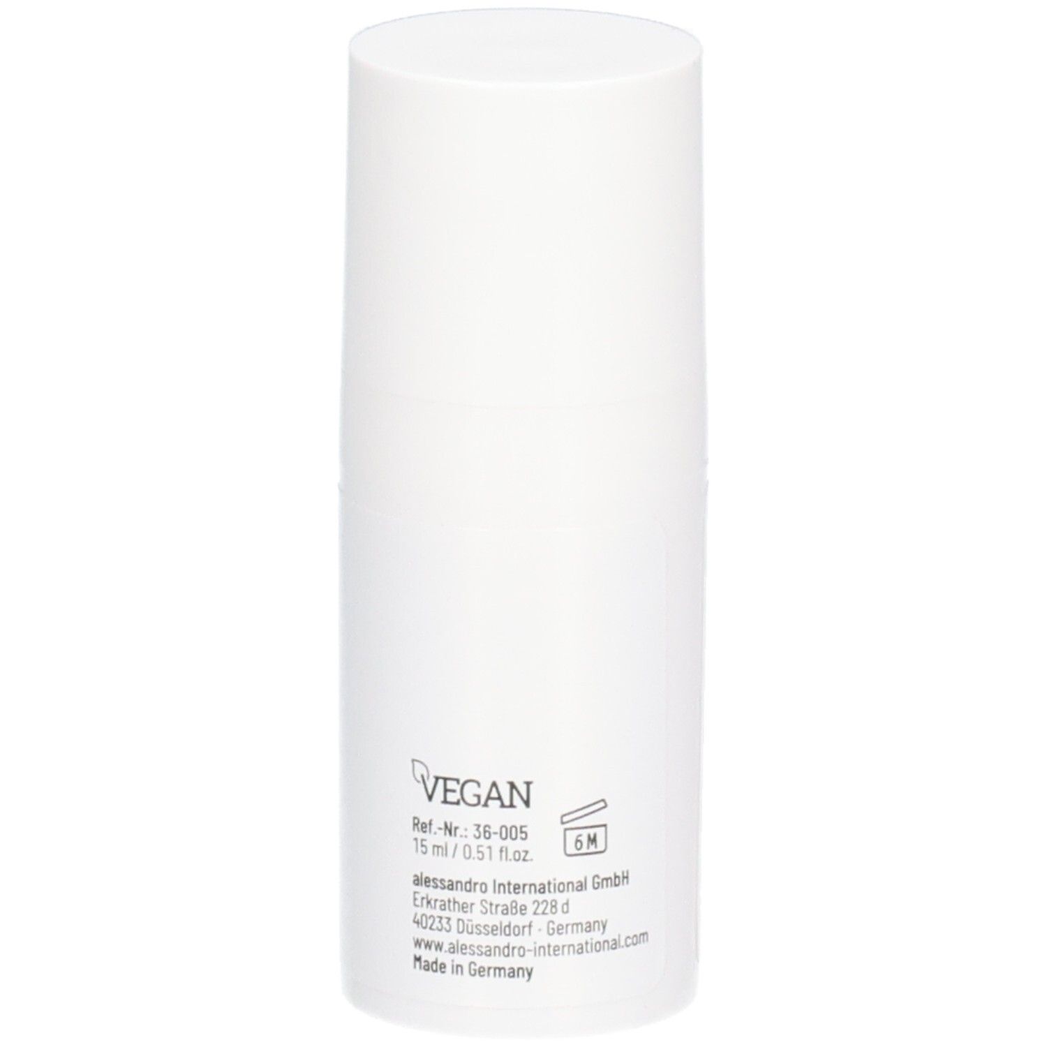 Flacon blanc avec sérum Silky Gloves. Label Vegan. 15 ml/0.51 fl.oz. 6M. Adresse du fabricant.