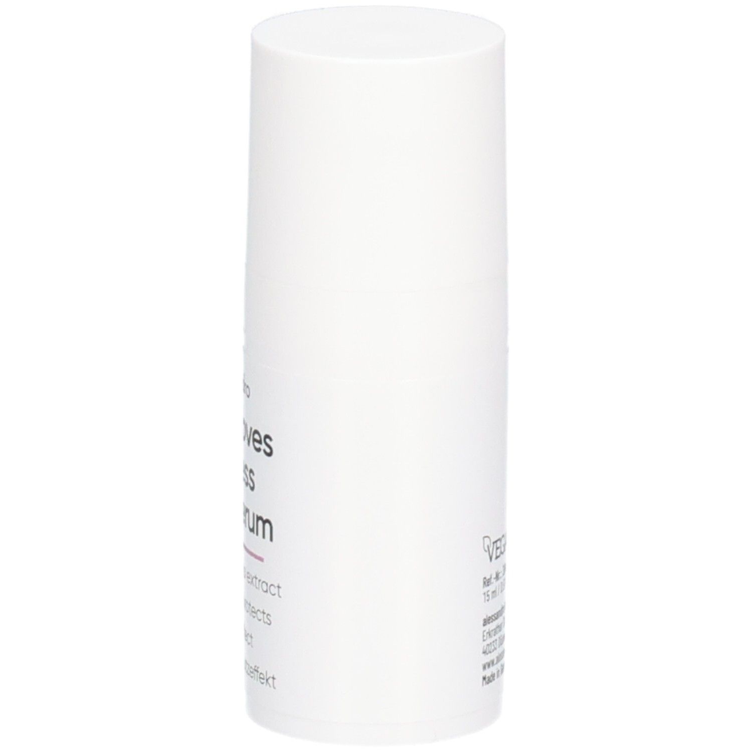 Flacon cylindrique blanc avec sérum pour les mains Silky Gloves. Ingrédients : myrrhe et mimosa. Lisse et protège. Effet instantané.