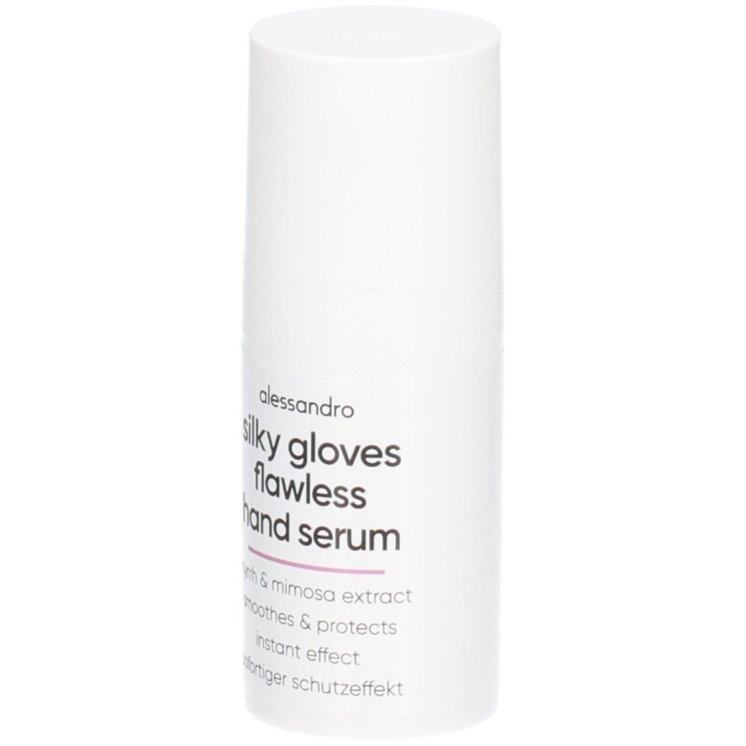 Flacon cylindrique blanc avec sérum pour les mains Silky Gloves. Ingrédients : myrrhe et mimosa. Lisse et protège. Effet instantané.