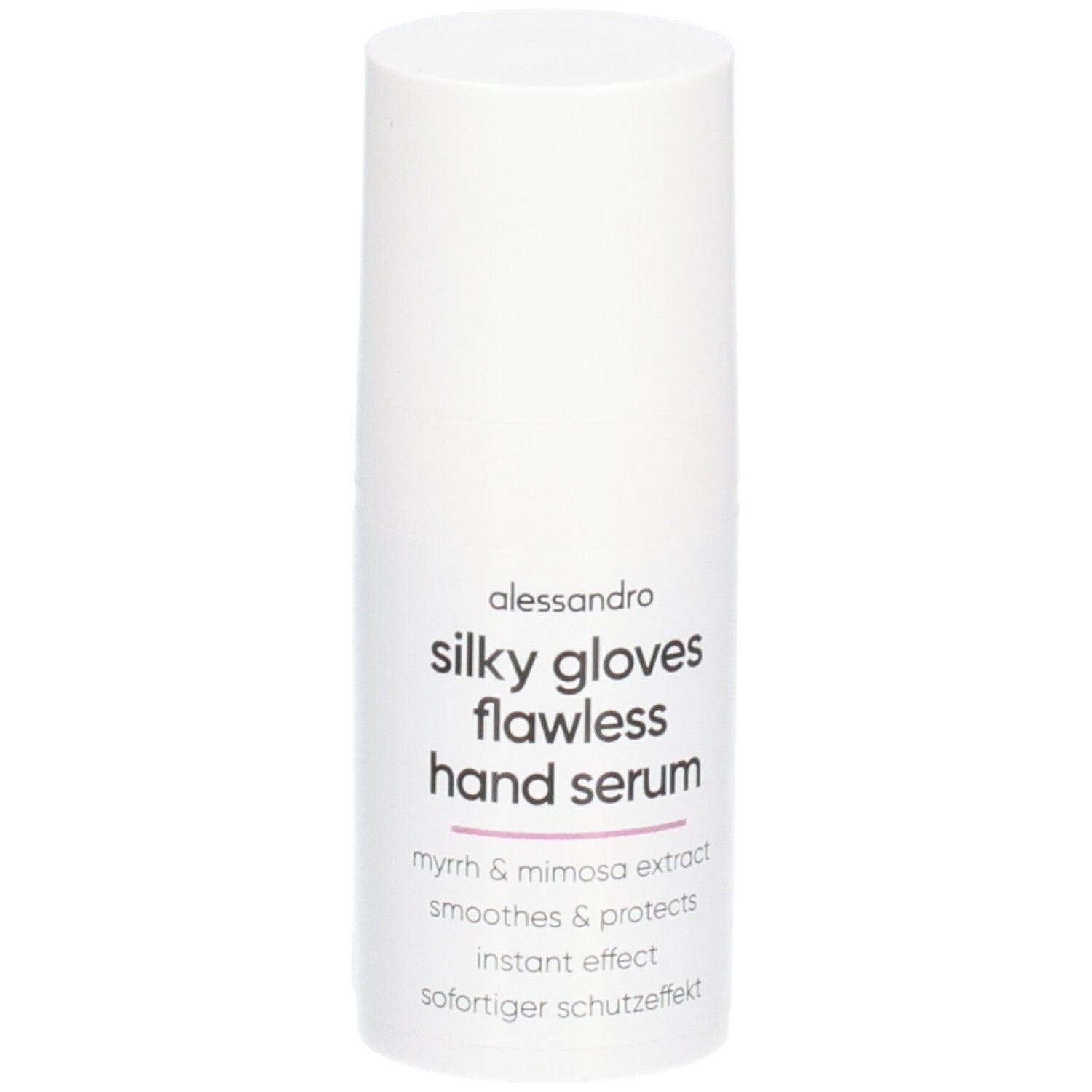 Flacon cylindrique blanc avec sérum pour les mains Silky Gloves. Ingrédients : myrrhe et mimosa. Lisse et protège. Effet instantané.