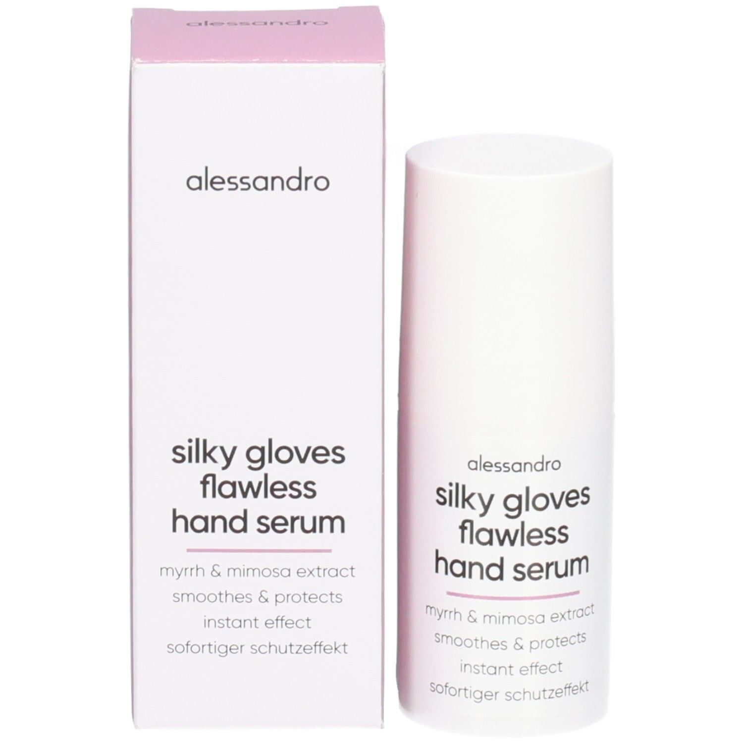 Emballage produit : flacon et boîte. Inscription : Silky Gloves Flawless Hand Serum. Ingrédients : myrrhe et mimosa. Lisse et protège.