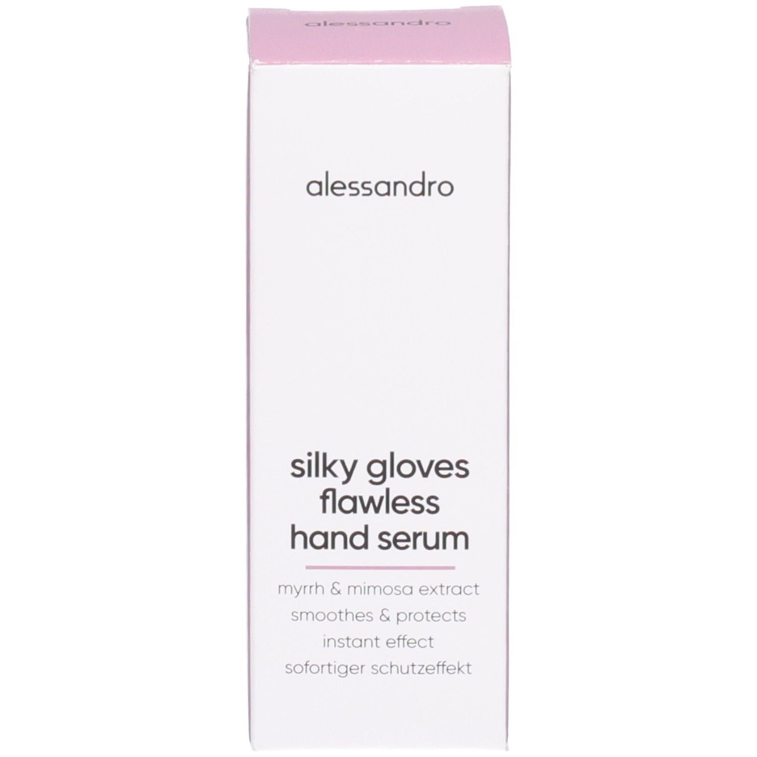 Emballage produit : boîte avec inscription Silky Gloves Flawless Hand Serum. Ingrédients : myrrhe et mimosa. Lisse et protège.