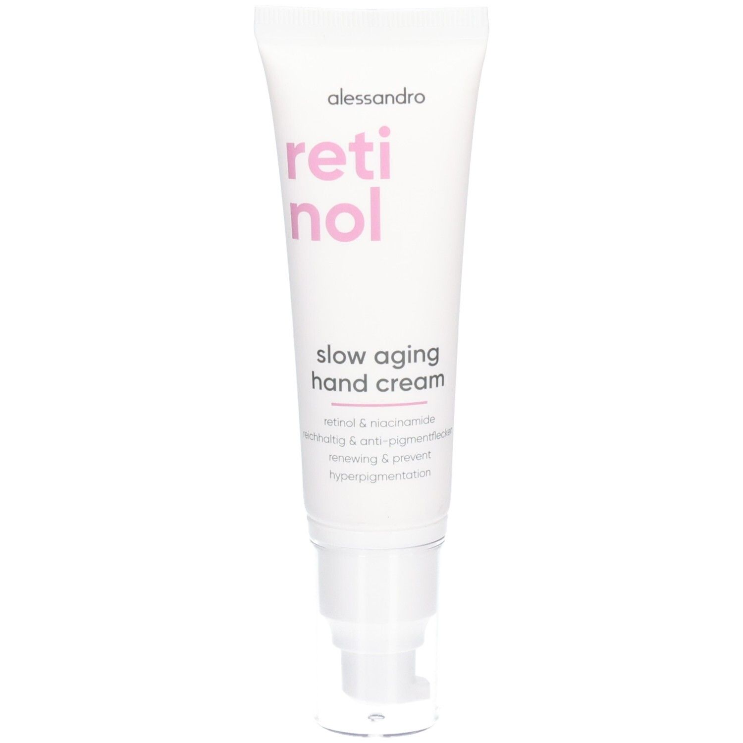 Tube blanche avec texte rose "retinol" et "slow aging hand cream". Marque "alessandro" en haut.