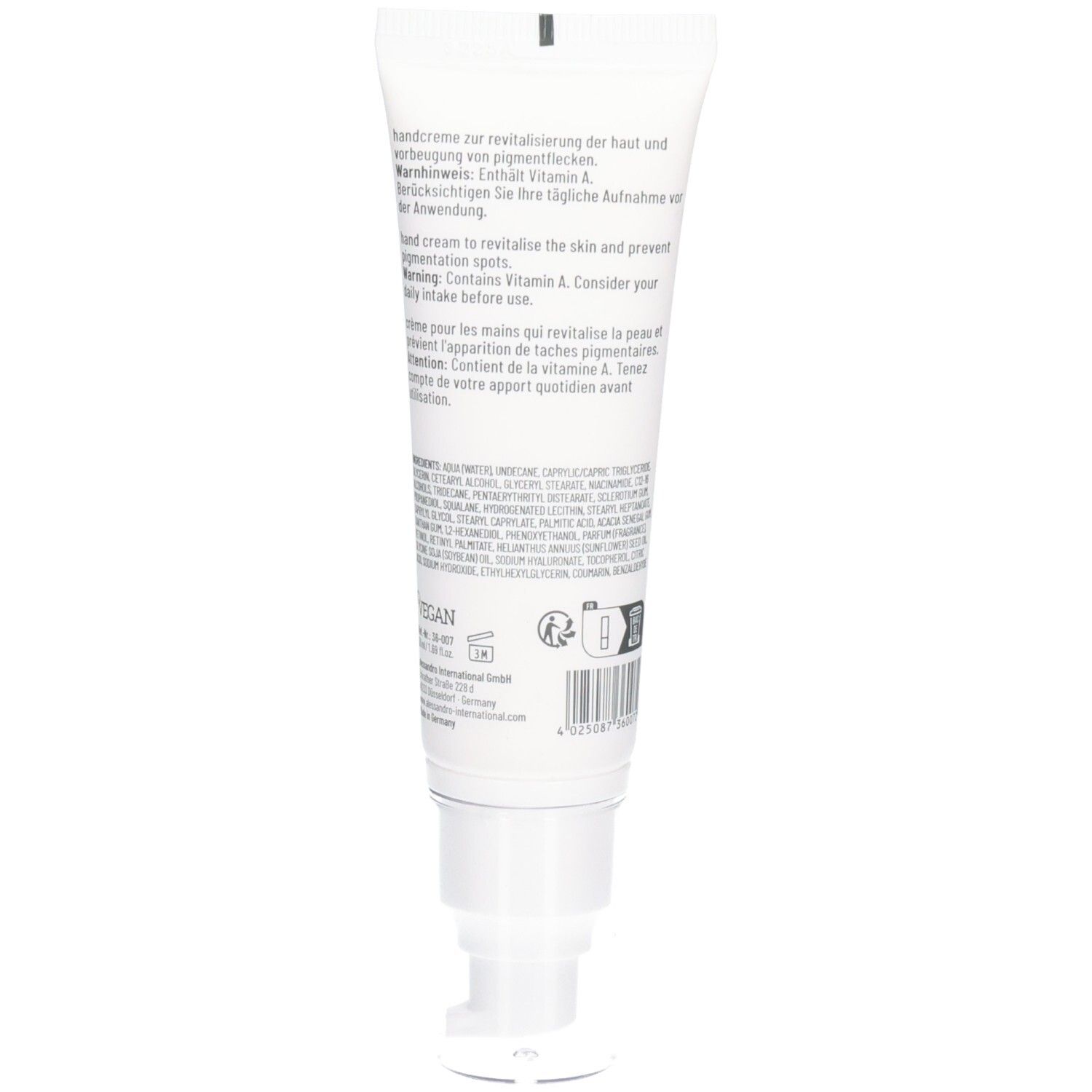 Dos du tube de crème pour les mains blanc. Texte en plusieurs langues, dont le français et l'anglais.