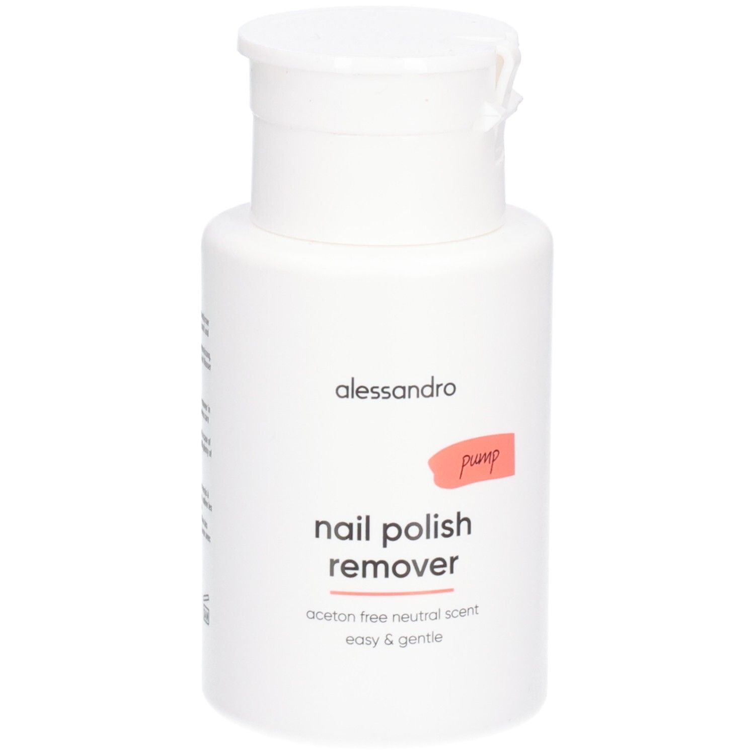 Weiße Flasche mit Klappverschluss. Aufschrift: alessandro, nail polish remover, pump. Acetonfrei, neutraler Duft.