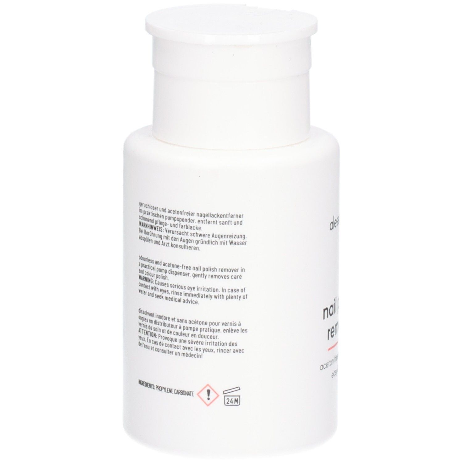 Weiße Flasche mit Text. Enthält Informationen zu Inhaltsstoffen und Warnhinweisen. Klappverschluss.