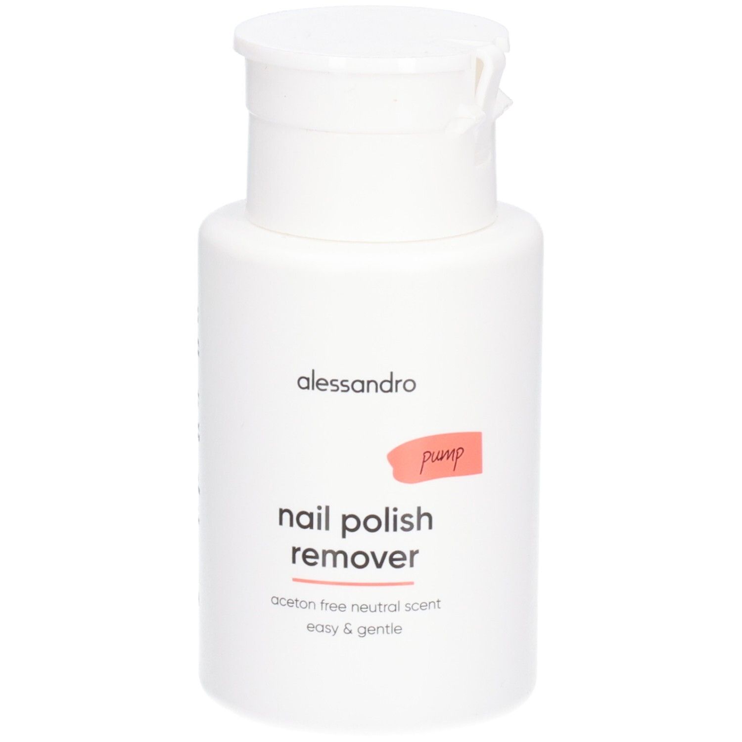 Weiße Flasche mit Klappverschluss. Aufschrift: alessandro, nail polish remover, pump. Acetonfrei, neutraler Duft.