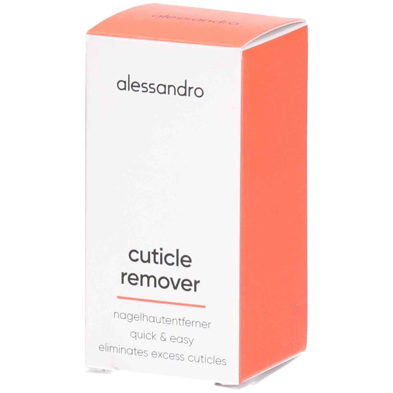Weiß-orangefarbene Schachtel. Aufschrift: alessandro, Cuticle Remover, nagelhautentferner, quick & easy, eliminates excess cuticles.
