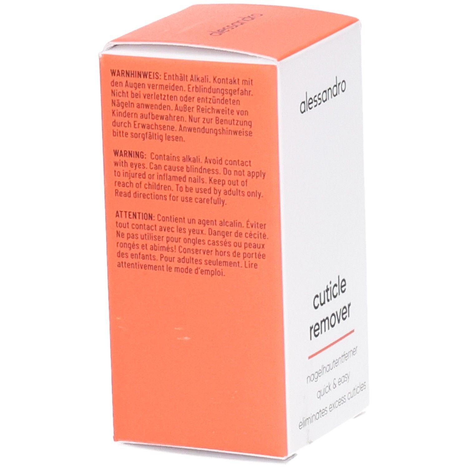 Weiß-orangefarbene Schachtel. Aufschrift: alessandro, Cuticle Remover. Warnhinweise in Deutsch und Englisch.
