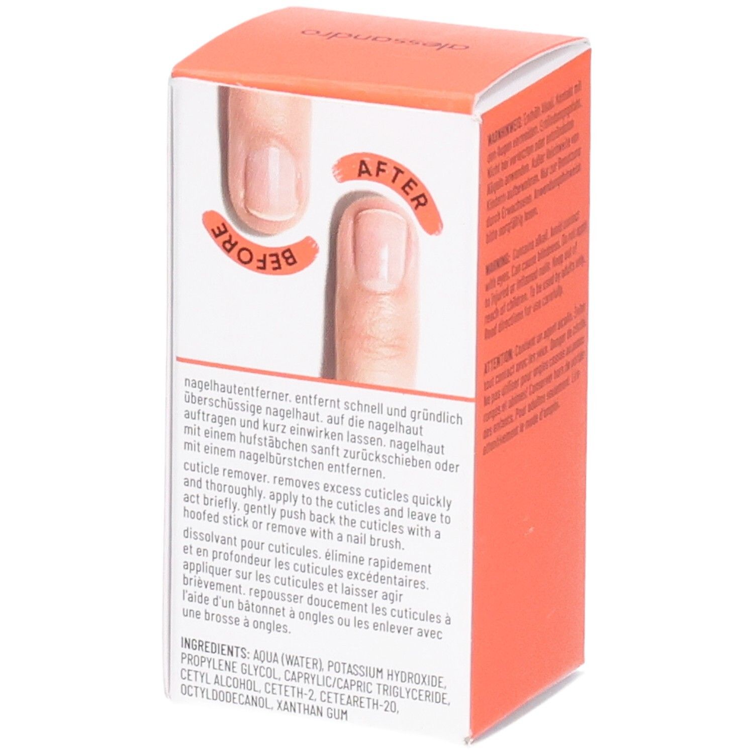 Weiß-orangefarbene Schachtel. Abbildung: Finger mit Vorher-Nachher-Effekt. Text: nagelhautentferner, Inhaltsstoffe.