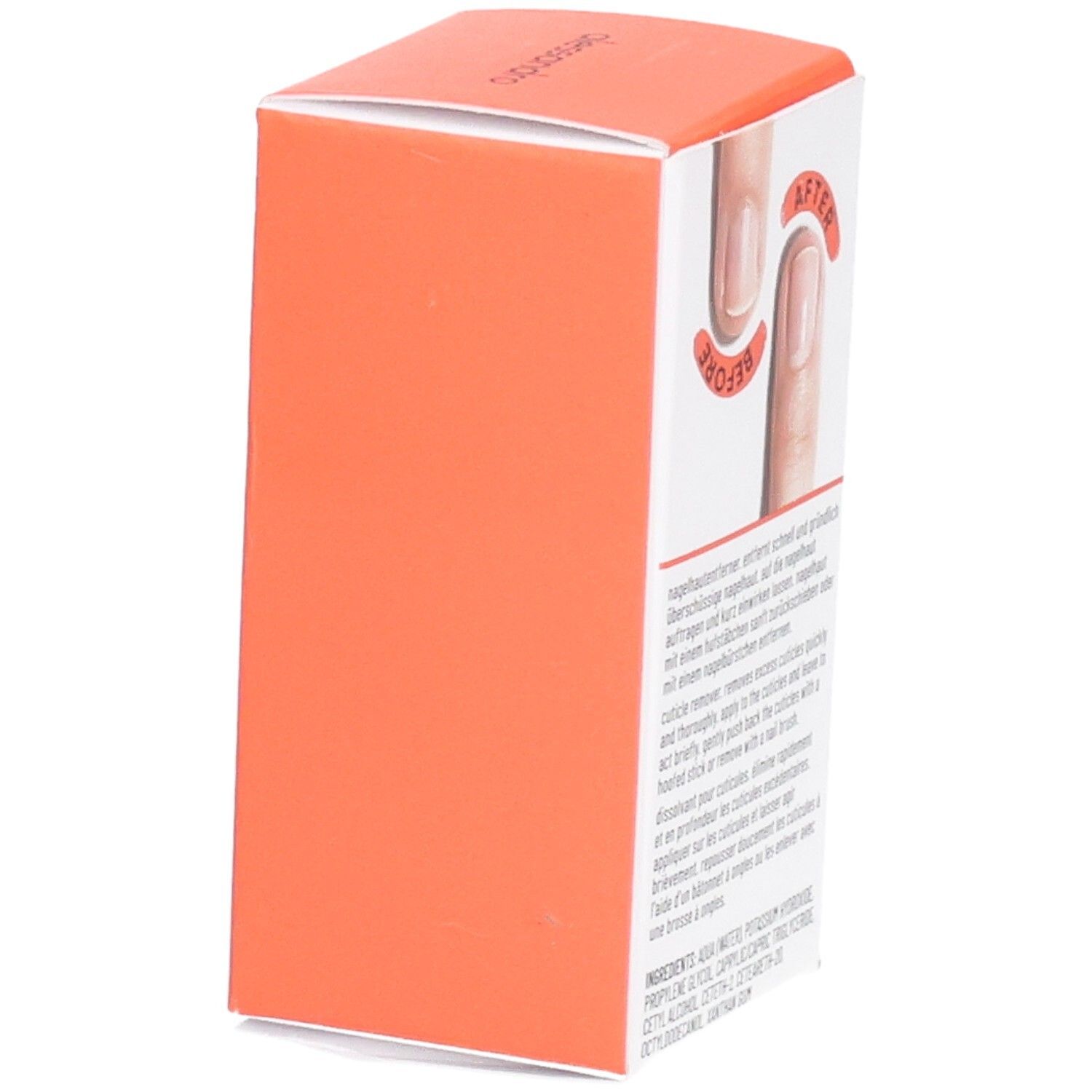 Weiß-orangefarbene Schachtel. Abbildung: Finger mit Vorher-Nachher-Effekt. Text: nagelhautentferner, Inhaltsstoffe.
