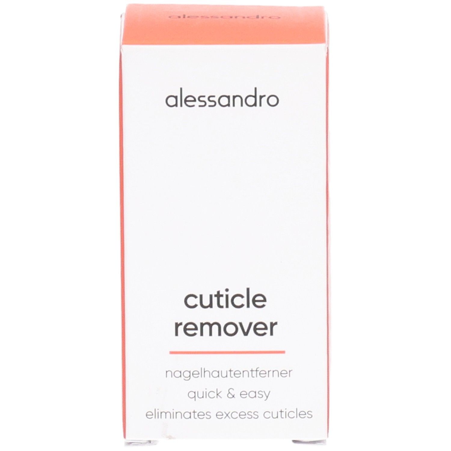 Weiß-orangefarbene Schachtel. Aufschrift: alessandro, Cuticle Remover, nagelhautentferner, quick & easy, eliminates excess cuticles.