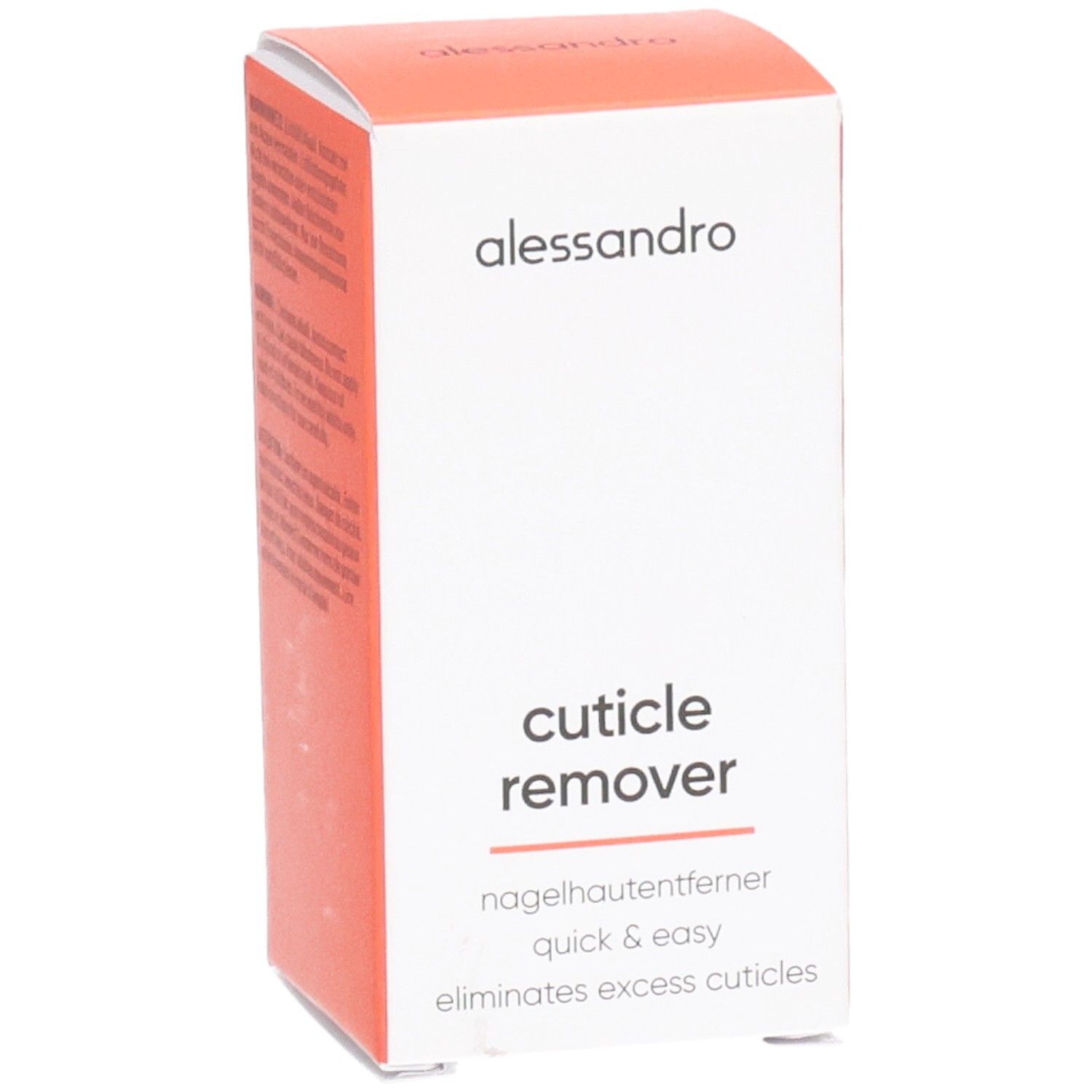 Weiß-orangefarbene Schachtel. Aufschrift: alessandro, Cuticle Remover, nagelhautentferner, quick & easy, eliminates excess cuticles.