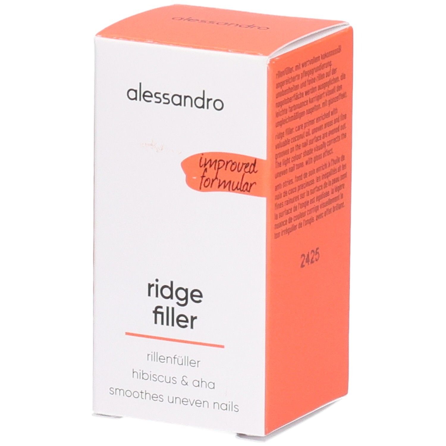 Karton mit Produktnamen "ridge filler". Text: "rillenfüller hibiscus & aha smoothes uneven nails". Orangefarbener Akzent.