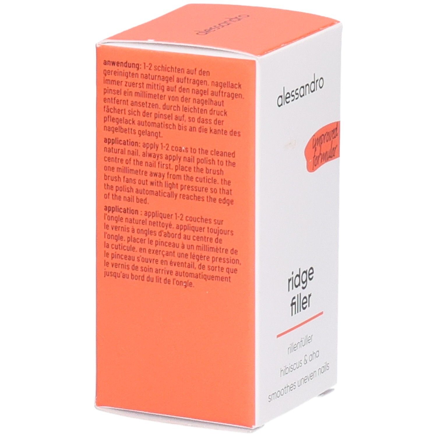 Karton mit Produktnamen "ridge filler". Text und Anwendungsanweisungen in Deutsch, Englisch und Französisch. Orangefarbener Akzent.