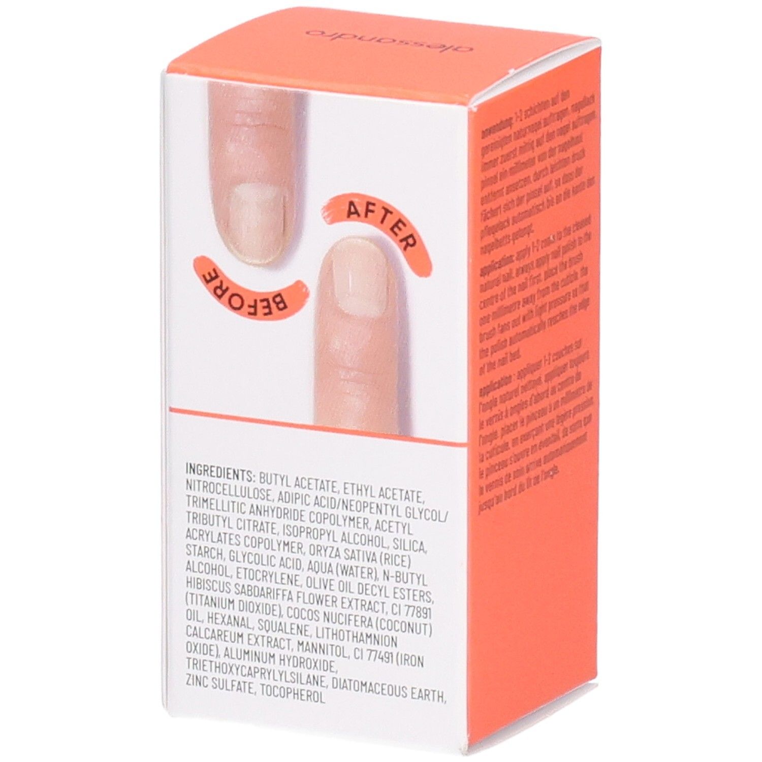 Karton mit Produktnamen "ridge filler". Vorher-Nachher-Vergleich von Fingernägeln. Inhaltsstoffe aufgeführt. Orangefarbener Akzent.