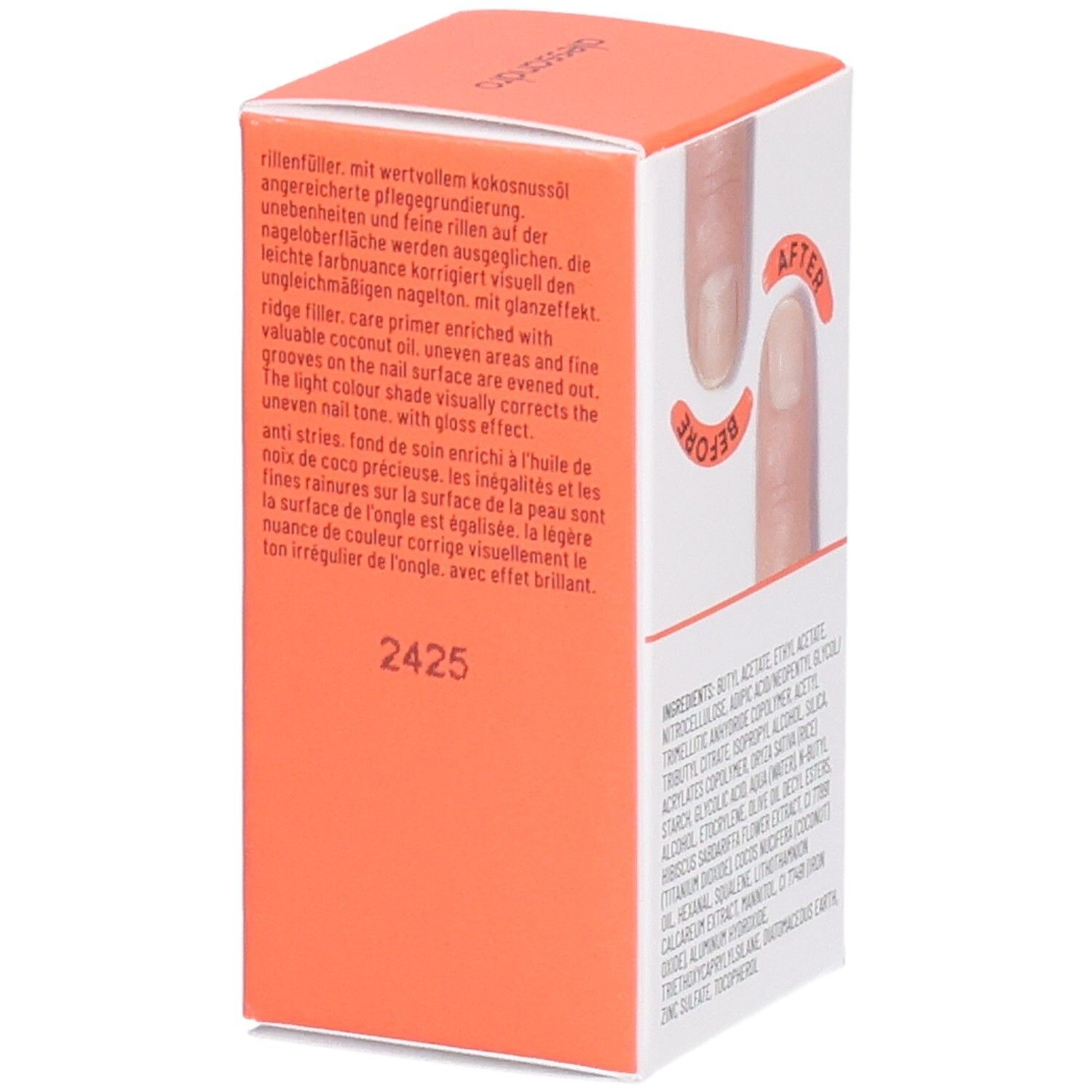 Karton mit Produktnamen "ridge filler". Vorher-Nachher-Vergleich von Fingernägeln. Text in Deutsch und Englisch. Orangefarbener Akzent.