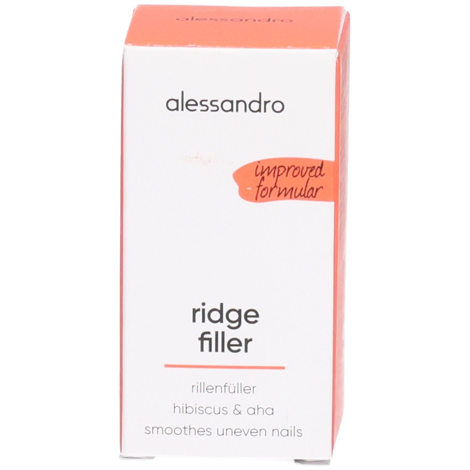 Karton mit Produktnamen "ridge filler". Text: "rillenfüller hibiscus & aha smoothes uneven nails". Orangefarbener Akzent. Marke alessandro.