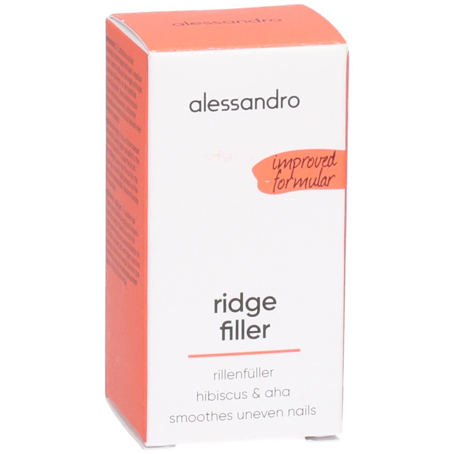 Karton mit Produktnamen "ridge filler". Text: "rillenfüller hibiscus & aha smoothes uneven nails". Orangefarbener Akzent. Marke alessandro.