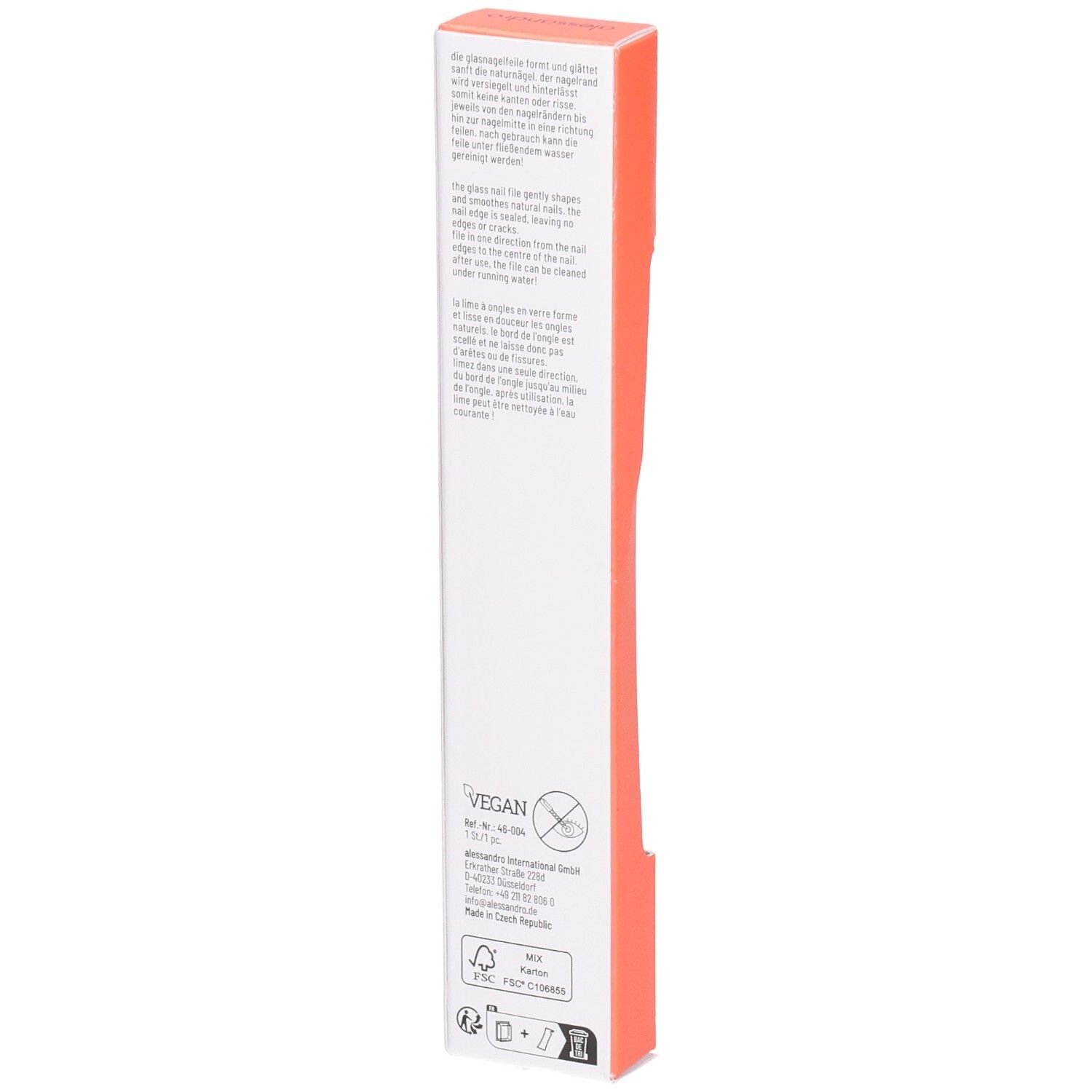 Rückseite der Verpackung. Text in mehreren Sprachen. Vegan-Logo. Adresse des Herstellers. FSC-Logo.
