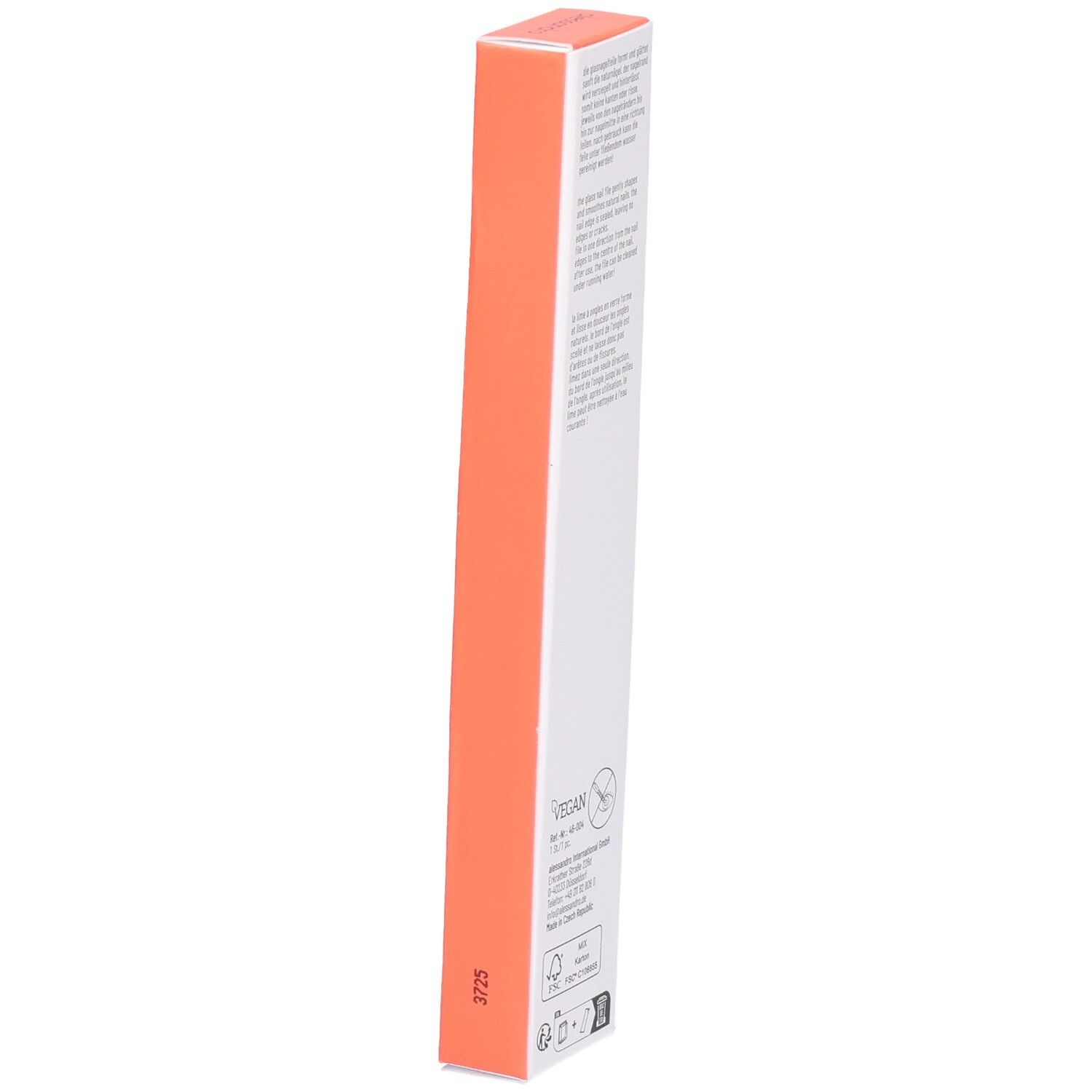 Seite der Verpackung. Text in mehreren Sprachen. FSC-Logo. Adresse des Herstellers.