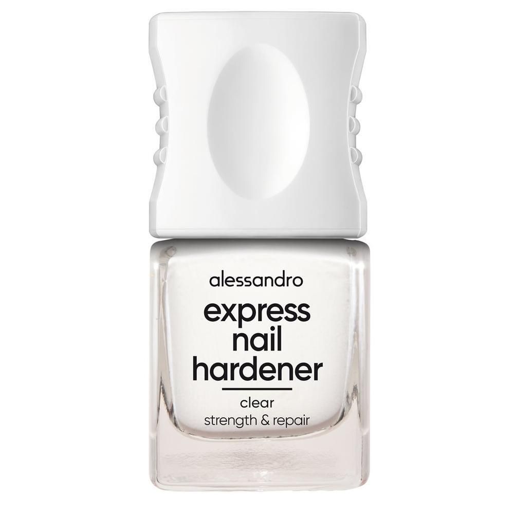 Klare Nagelhärter-Flasche mit weißem Deckel. Aufschrift: alessandro express nail hardener clear strength & repair.