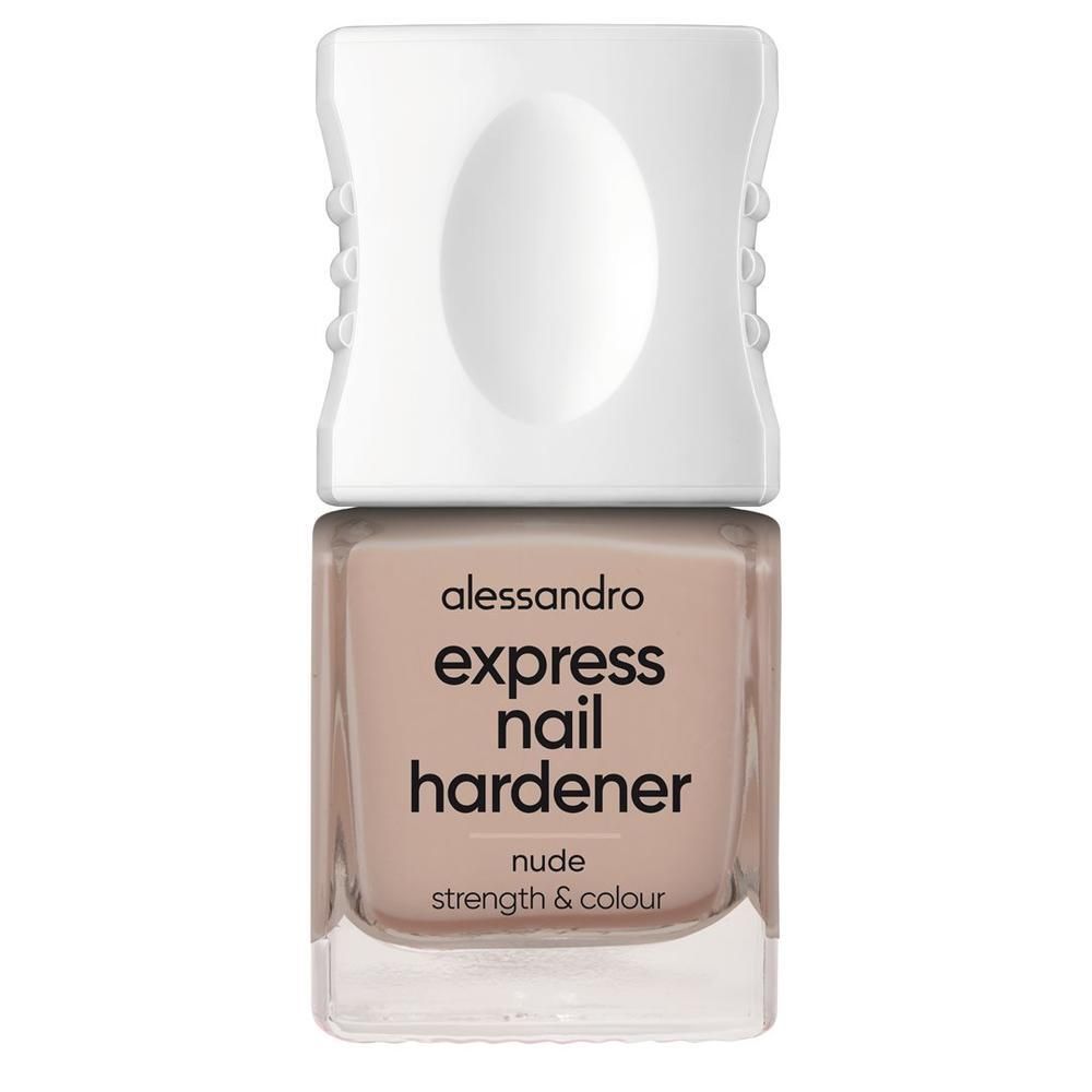 Nagelhärter in einer quadratischen Glasflasche mit weißem Deckel. Aufschrift: Alessandro Express Nail Hardener Nude.