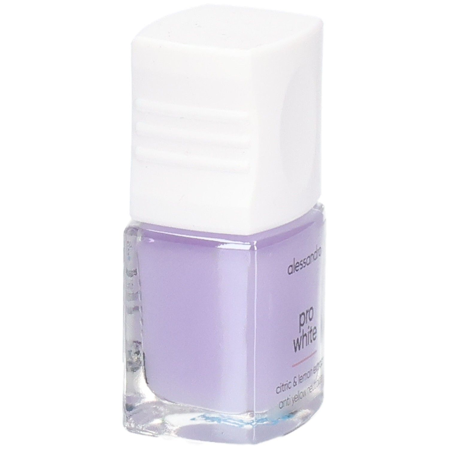 Flasche mit lila Nagellack. Weißer Deckel. Aufschrift: alessandro, pro white, citric & lemon extract, anti yellow neutralizer.