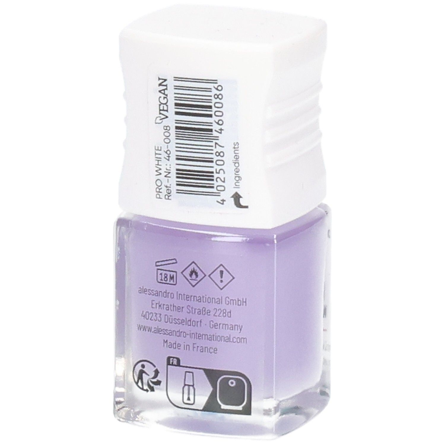 Rückseite einer Nagellackflasche. Lila Lack, weißer Deckel. Aufschrift: PRO WHITE, Vegan, Warnhinweise, Herstelleradresse, Made in France.