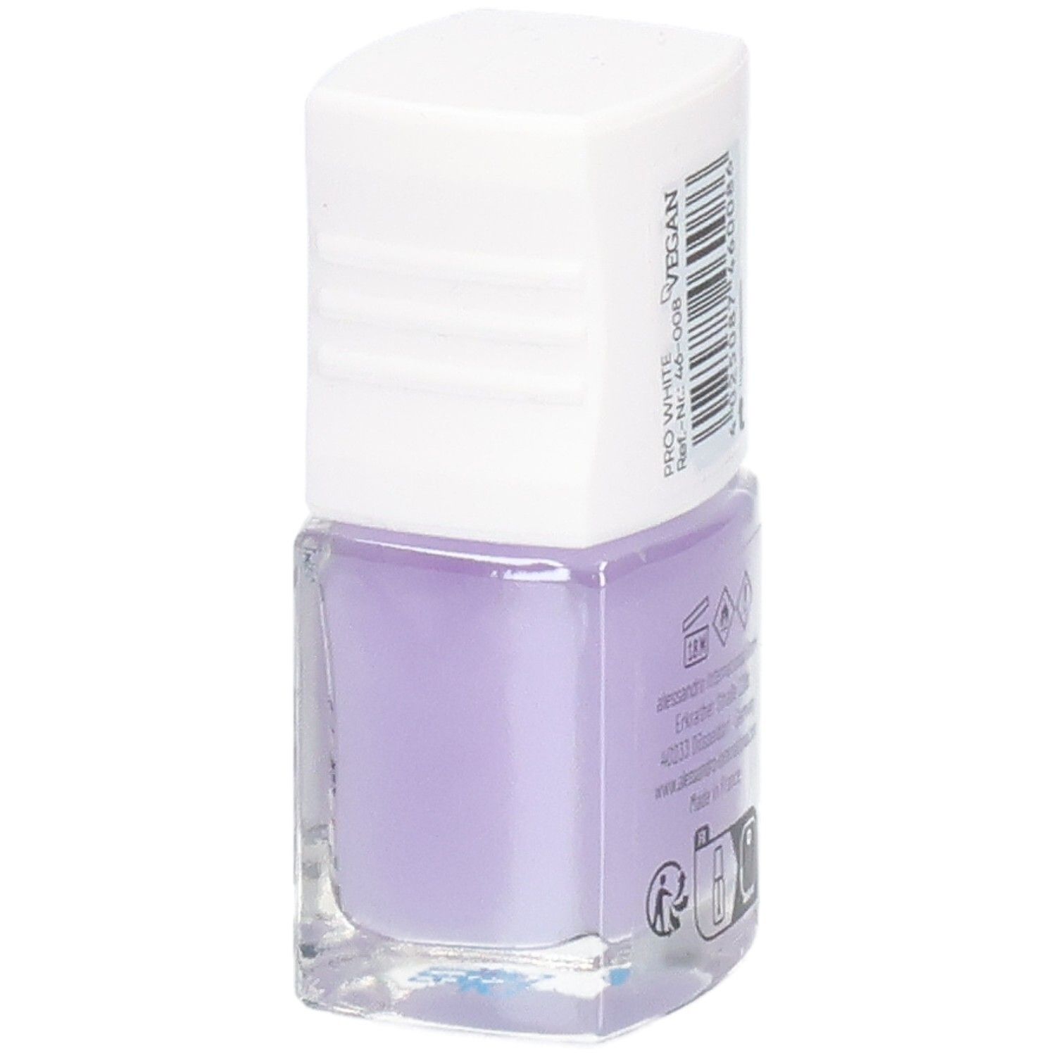 Rückseite einer Nagellackflasche. Lila Lack, weißer Deckel. Aufschrift: PRO WHITE, Vegan, Warnhinweise, Herstelleradresse, Made in France.