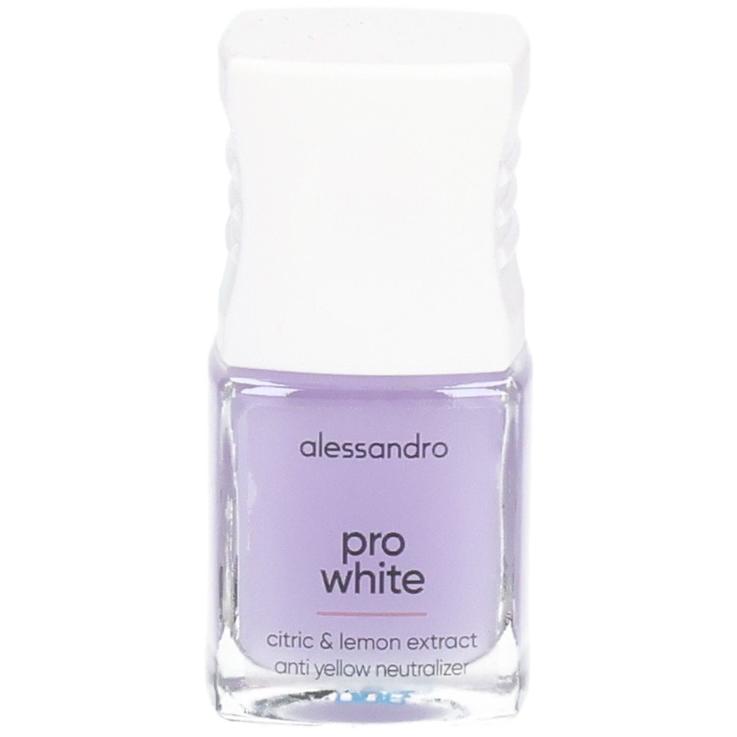 Flasche mit lila Nagellack. Weißer Deckel. Aufschrift: alessandro, pro white, citric & lemon extract, anti yellow neutralizer.