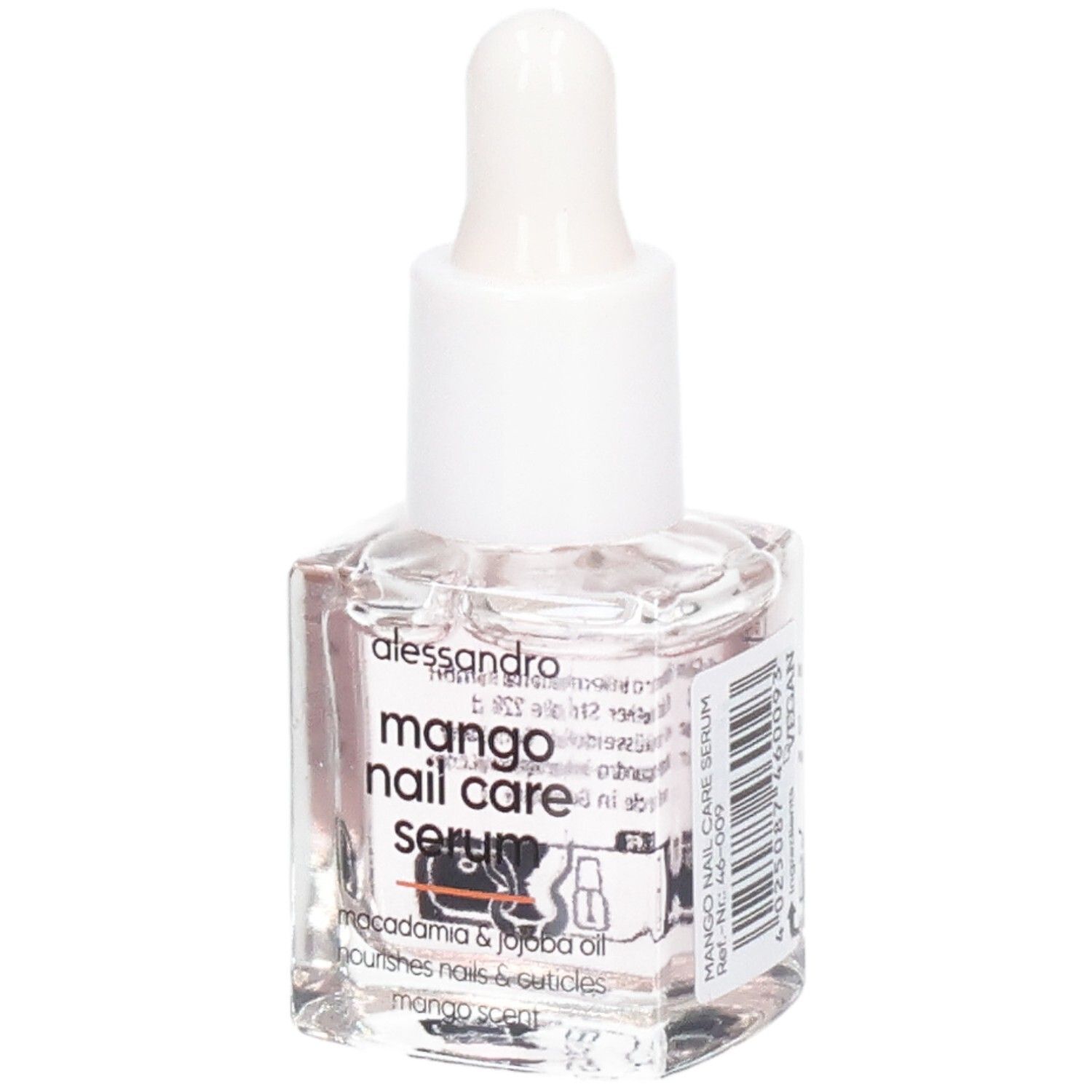 Klarflüssiges Nagelserum in einer quadratischen Glasflasche mit weißem Tropfer. Beschriftung: Mango Nail Care Serum.