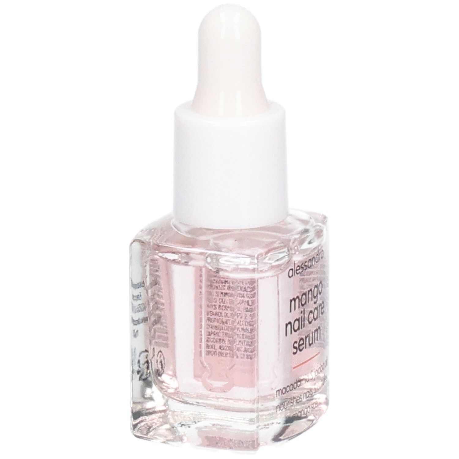 Nagelserum in einer quadratischen Glasflasche mit weißem Tropfer. Flüssigkeit leicht rosa. Beschriftung: Mango Nail Care Serum.