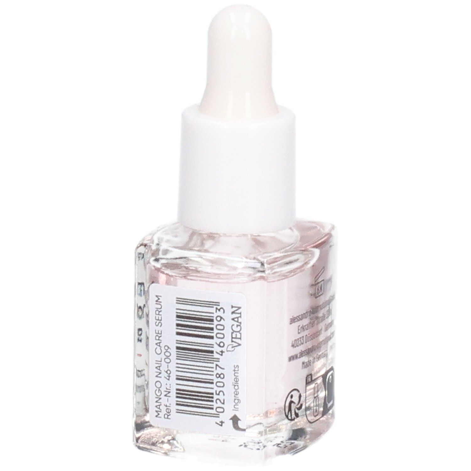 Rückseite der Nagelserum-Flasche. Beschriftung: Inhaltsstoffe, Vegan-Siegel, Chargennummer. Mango Nail Care Serum.